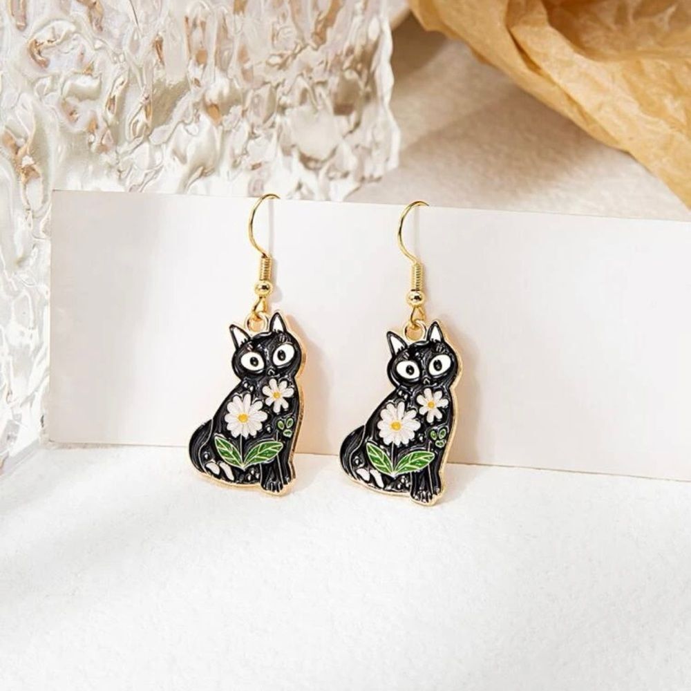 Flower Power Cat Dangle Drop Earrings